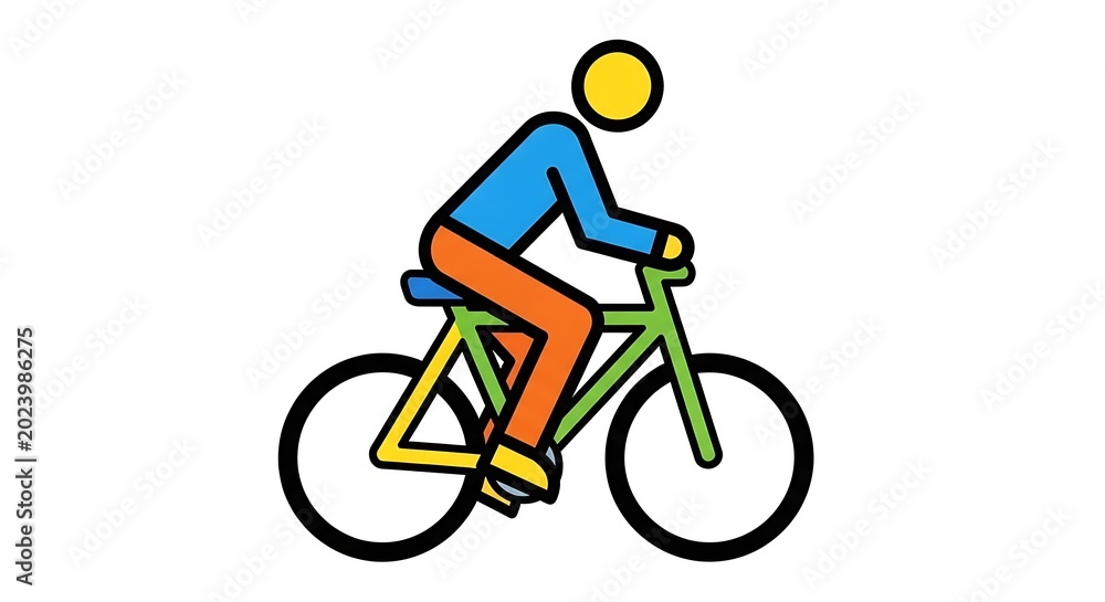 Obraz premium Colorful simple illustration depicts a person on a bicycle, viewed from the side, isolated on a white background