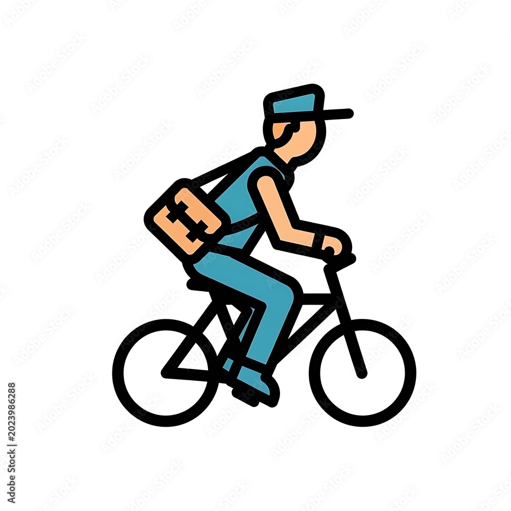 Naklejka premium Simplified illustration of a person riding a bicycle, carrying a bag, depicted in a minimalist style with bold outlines and flat colors