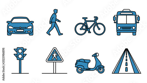 Blue Transportation Icon Vector Set Car, Walking Person, Bicycle, Bus, and Road Travel Symbols