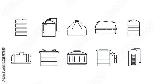 Bild auf Leinwand Set of Industrial Storage Tank Icons: Silo, Cistern, Water Tank, Fuel Tank