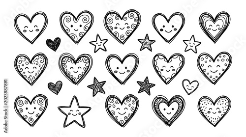 Collection of black and white hand drawn doodle hearts and stars with smiling faces and patterns on white background