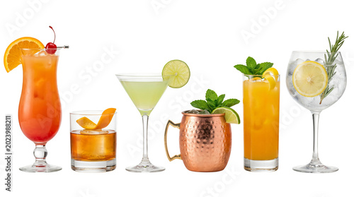 Assorted colorful cocktails collection on white background, variety of summer alcoholic drinks, refreshing bar menu beverages with fruit garnishes