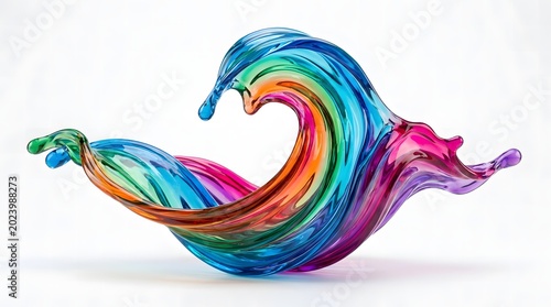 Dynamic splash of colorful liquid glass forming a wave shape with vibrant rainbow hues on a white background