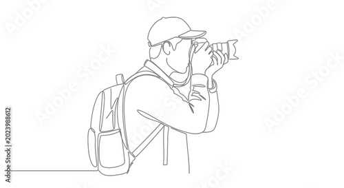 Fotografía Continuous line drawing of a photographer with a backpack taking a photo with a