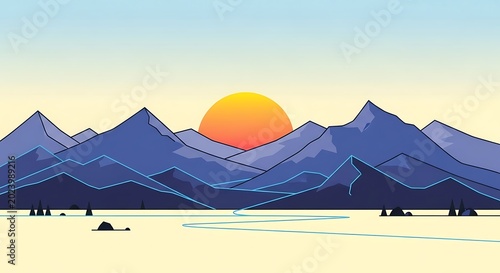 Minimalist sunrise scene with jagged mountains, a winding river, and a large sun setting. A serene, abstract landscape