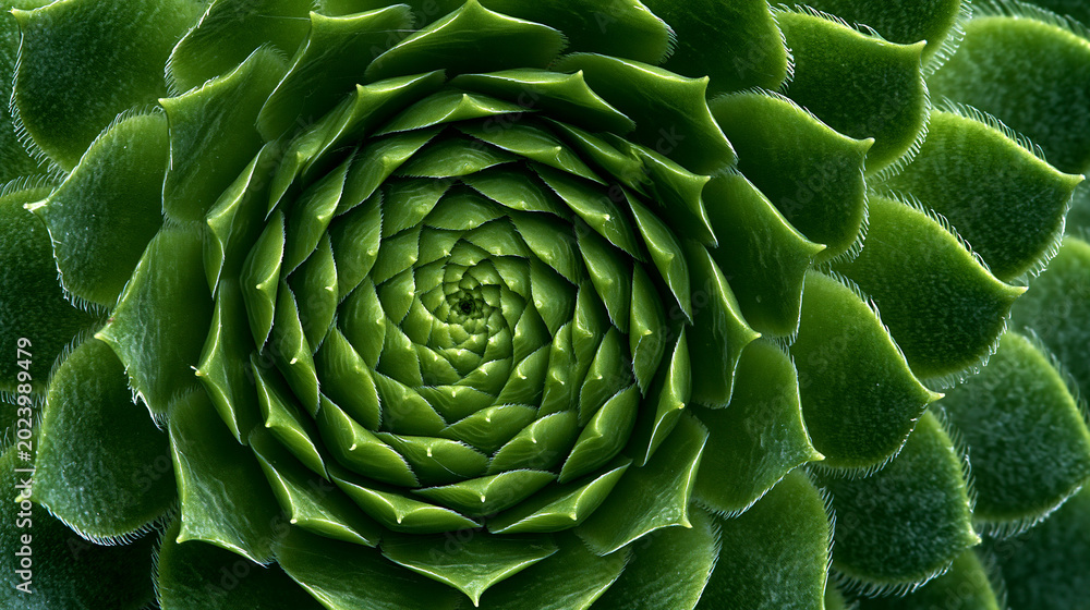 Obraz premium Close-Up of Vibrant Green Succulent Plant: Spiral Pattern and Symmetrical Leaves Texture for Eco-Friendly Botanical Décor