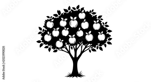 Billede på lærred Black and White Silhouette of an Apple Tree Laden with Fruit