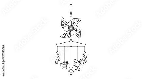 Fotografija Doodle illustration of a decorative hanging baby mobile with a pinwheel and various charms