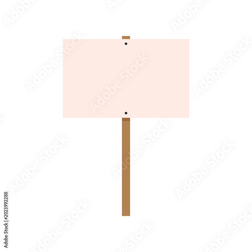 Flat vector illustration of a blank rectangular wooden sign placard on a stick.