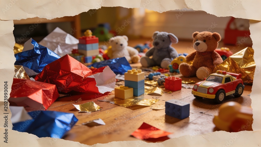 Fototapeta premium A pile of scattered toys and crumpled wrapping paper on a wooden floor, hinting at a recent children's party.