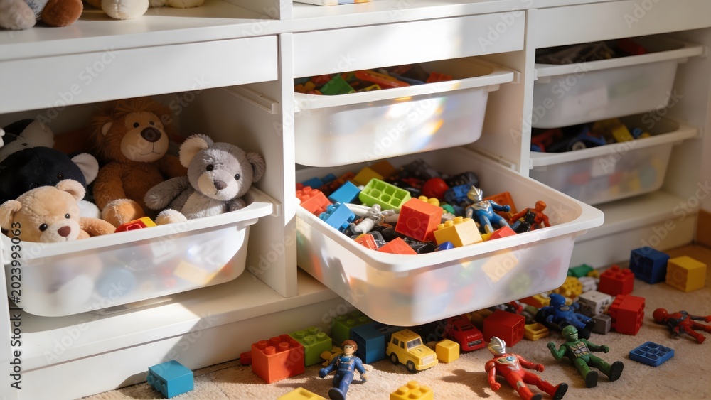 Fototapeta premium A white storage unit filled with various toys, including stuffed animals and building blocks.