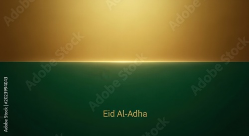 Golden light illuminates a serene green backdrop with the words Eid Al-Adha, symbolizing celebration and faith.