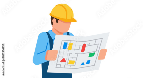 Man in hardhat holding blueprint document.