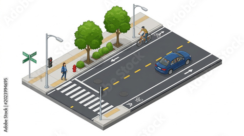Isometric view of a city street with a car and pedestrian crossing.