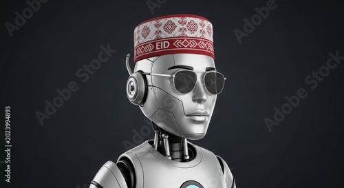 Futuristic robot wearing traditional patterned hat and sunglasses
