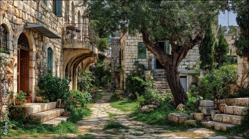Stone buildings line a quiet cobblestone path surrounded by lush greenery and trees in an old village.
