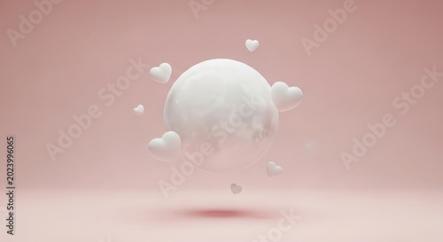 Soft white sphere surrounded by floating heart shapes on a gentle pink background