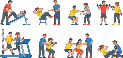 Foto Personal Training and Gym Workout Icon Set with Cartoon Characters Doing Partner