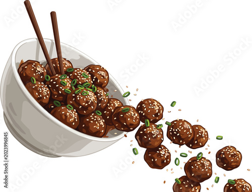 Cuadro en lienzo Asian Meatballs Spilling Out of White Bowl with Chopsticks and Green Herb Garnis