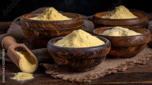 Wooden bowls are filled with fine yellow flour on a rustic wooden table.