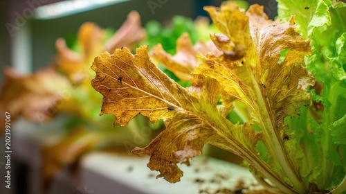 Withered lettuce leaves show signs of decay in an indoor garden setup.