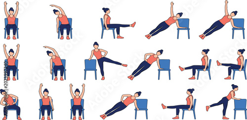 Chair Yoga and Workout Icon Set with Cartoon Female Characters Performing Diverse Fitness Exercises Side Planks and Stretching Routines