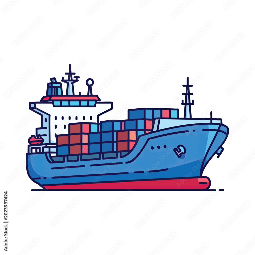 Fototapeta premium Illustration of a blue container cargo ship for global logistics and maritime transport.