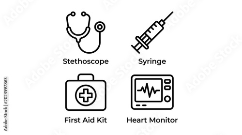 Medical equipment icons, stethoscope, syringe, first aid kit, heart monitor