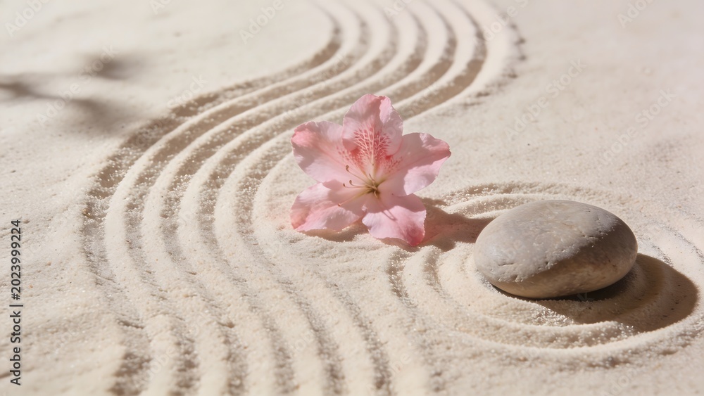 Obraz premium Pink azalea flower and smooth stone on raked white sand in a peaceful Zen garden