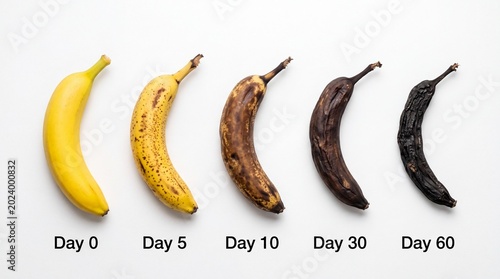 Progression of banana ripeness and decay over 60 days showcasing various stages of spoilage isolated on a white background