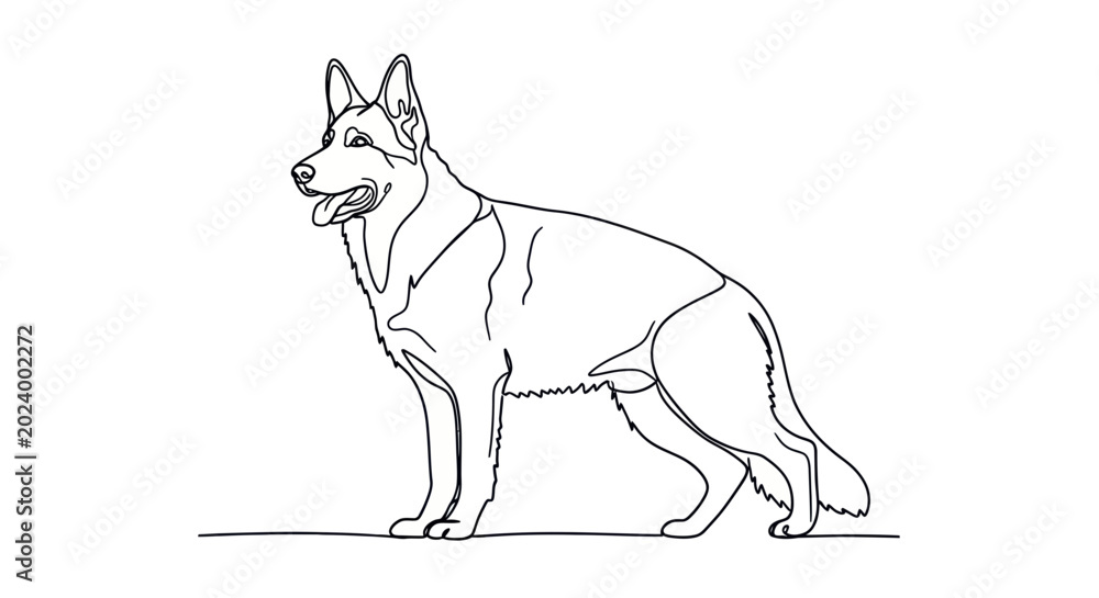 Fototapeta premium German Shepherd Dog Line Art Illustration, Standing Pose, Black and White Outline