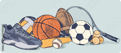 Comprehensive Sports Equipment Still Life with balls set and Running Shoe, Colors Vector Illustration sketch draw.
