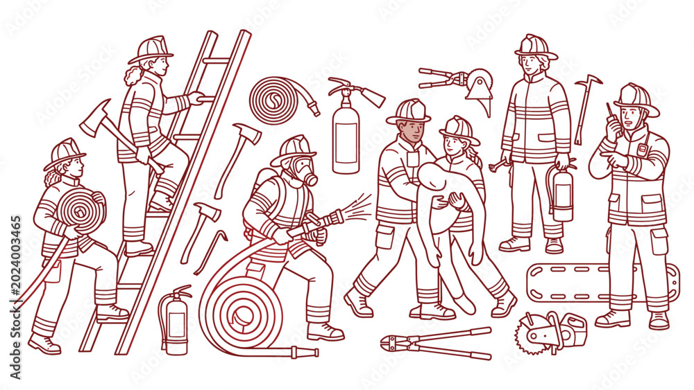 Fototapeta premium Firefighter team and rescue equipment line art set for emergency service training icons.