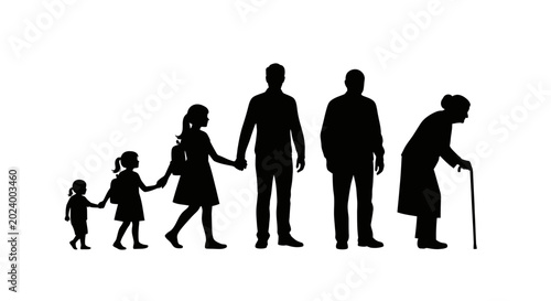 Human Life Stages Silhouette: Baby, Child, Teen, Adult, Senior, Elder