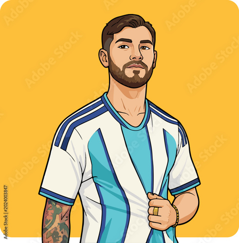 Vector illustration of an Argentine Famous soccer player in a light blue and white striped jersey, calm portrait pose holding a football. number 10 shirt