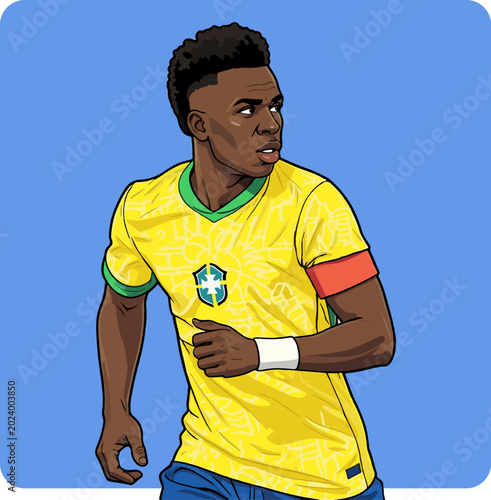 A Brazilian soccer player wearing jersey green and yellow colors in soccer world championship. Vector Of football famous Soccer Player 