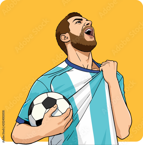 Vector illustration of an Argentine soccer player in a light blue and white striped jersey, showing a passionate celebration, portrait pose holding a football.