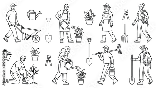 Konstfotografi Gardeners planting and watering plants with tools, wheelbarrow, and watering can