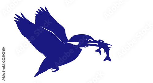 Fotografie Blue Kingfisher Bird Flying Catching Fish in Beak, Silhouette Vector