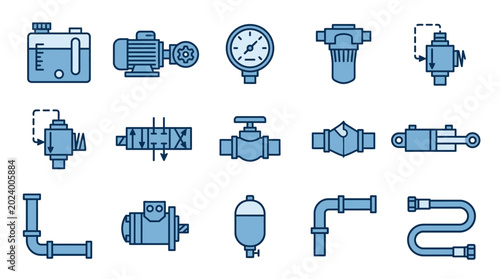 Comprehensive set of industrial hydraulic and pneumatic system components, blue fill, isolated white background.
