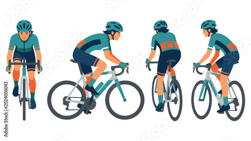 Bild auf Leinwand Female cyclist riding road bike in different angles and poses with helmet and gear set
