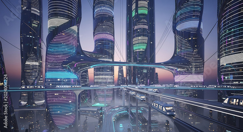 A dreamy portrait with soft gradient hues depicts futuristic cityscape with sleek skyscrapers and neon lights at dusk