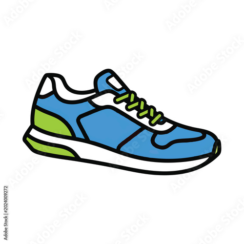 Cartoon style illustration of a modern blue and green running sneaker shoe.