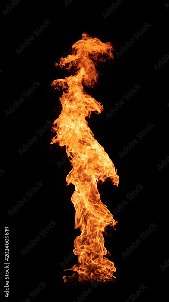 Fototapeta premium Dynamic Fire Dance: Bright Orange Flames and Smoke on a Black Background for Energy and Visual Effect