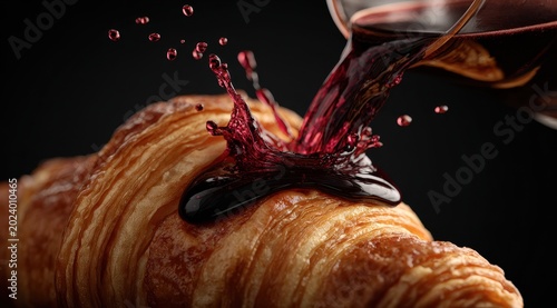 Golden Brown Croissant with Rich Red Berry Sauce Splashing on Top in Dramatic Studio Lighting with Dark Background