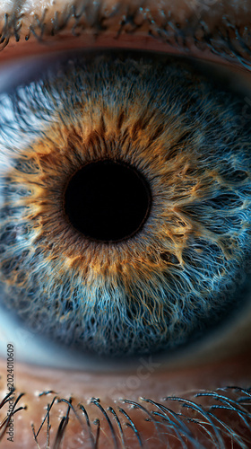 Stunning Macro Photography of a Blue and Orange Human Eye Iris: Detailed Anatomy and Colorful Visuals