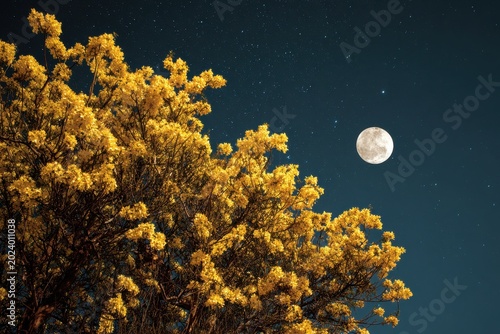 Golden Foliage Tree Under a Starry Night Sky with a Full Moon Illuminating the Dark Horizon Over a Serene Landscape