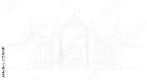 Foto Ornate Wrought Iron Gate with Bunting Flags, Decorative Entrance Archway