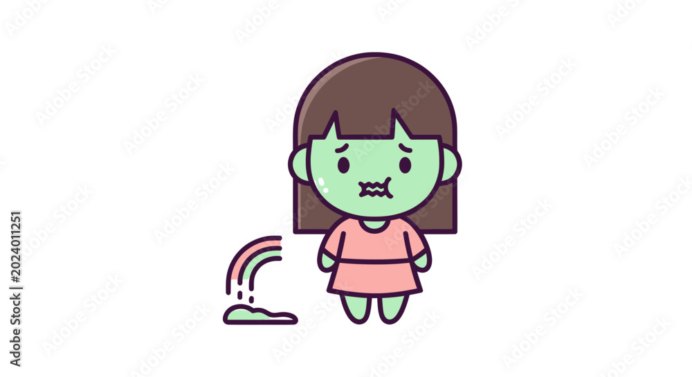 Obraz premium Cute Chibi Girl Feeling Sick, Vomiting Rainbow Colors