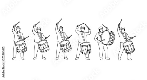 Quadro su tela Drummers Lineup: Marching Band Musicians Playing Drums in a Row